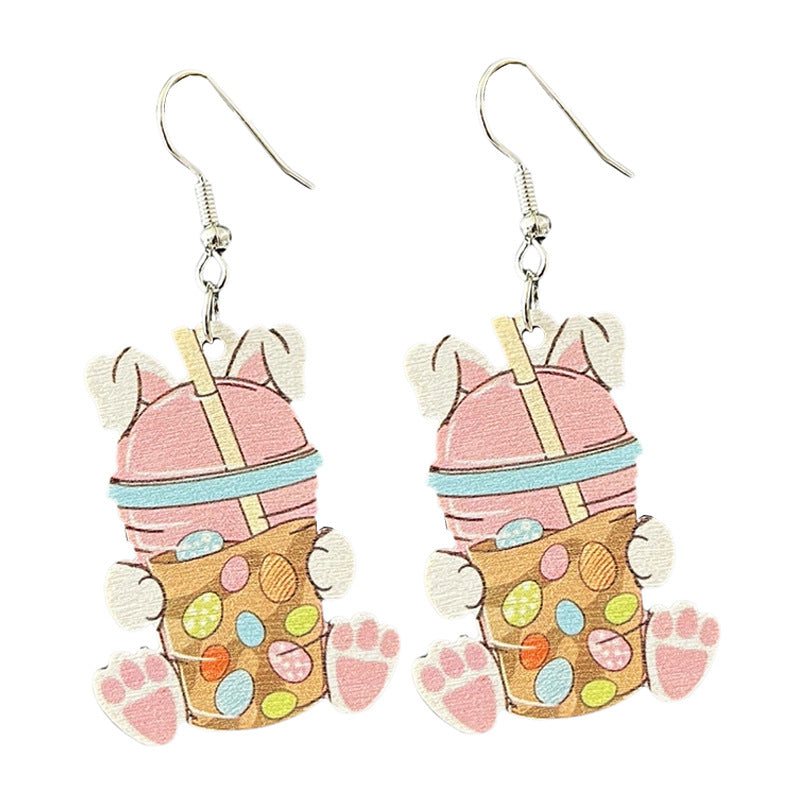 Wholesale 2pairs/pack Easter Wooden Cute Bow Colorful Bunny Cross Carrot Pattern Earrings