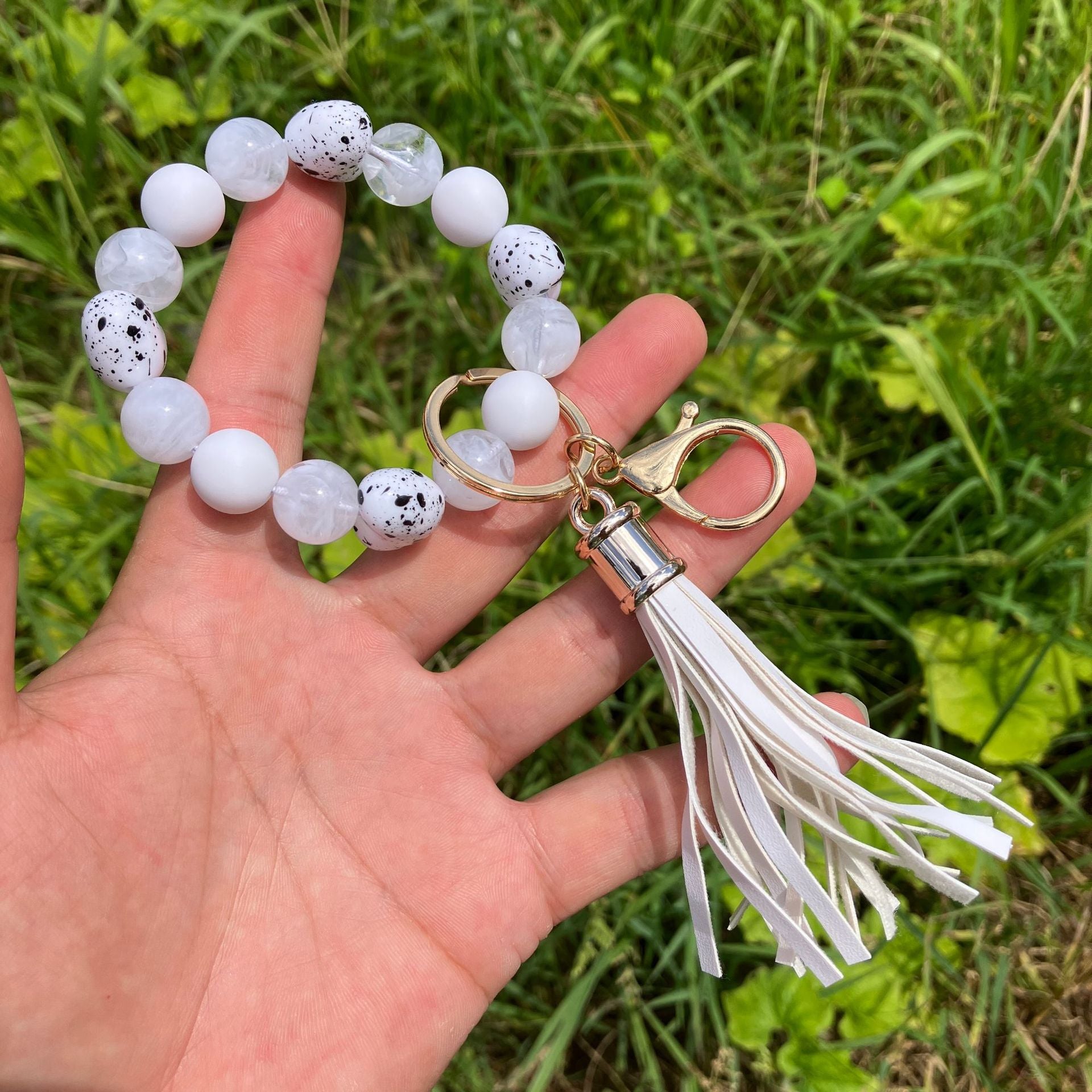 Wholesale Colorful Beaded Heart Printed Tassel Bracelet Keychain