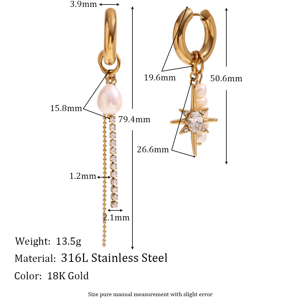 Wholesale Asymmetrical Freshwater Pearl Zircon Eight-pointed Star Chain Stainless Steel Temperament Personality Creative Earrings