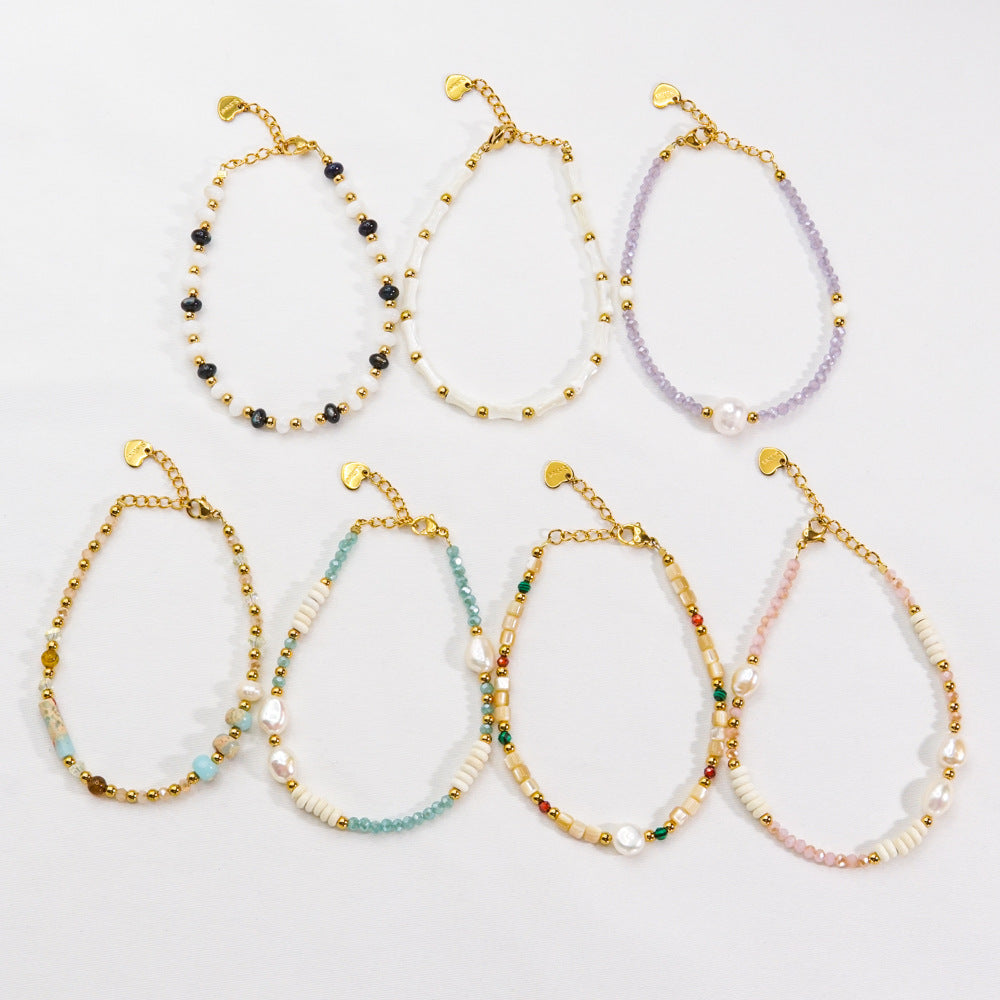 Wholesale Beaded titanium steel natural stone pearl crystal high-end non-fading hand jewelry