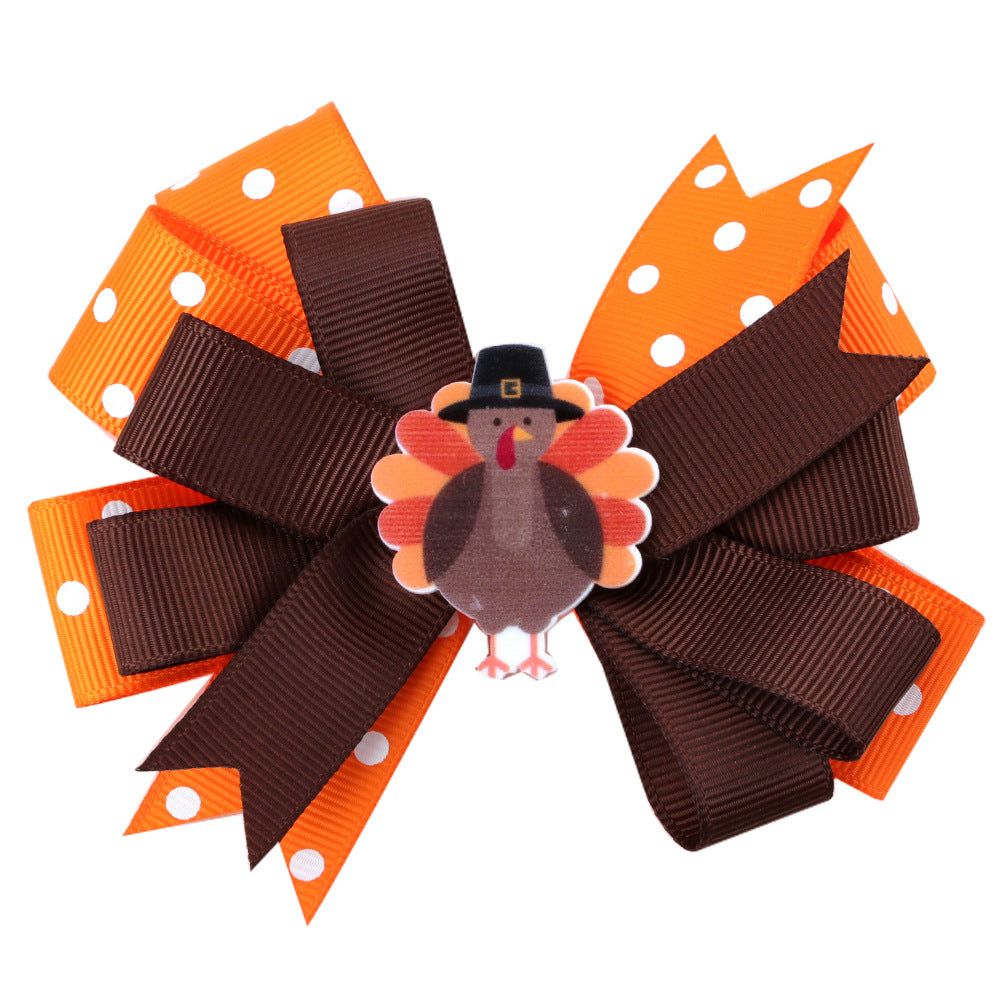 Wholesale 10pcs/pack Thanksgiving Children' s Bow Hairpin Point Small Turkey Accessories Headwear Rowan Ribbon