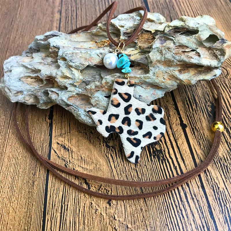 Wholesale 3pcs/pack Western Style Cow Pattern Cow Head Texas Map Leopard Print Turquoise Imitation Pearl Cowhide Leather Necklace