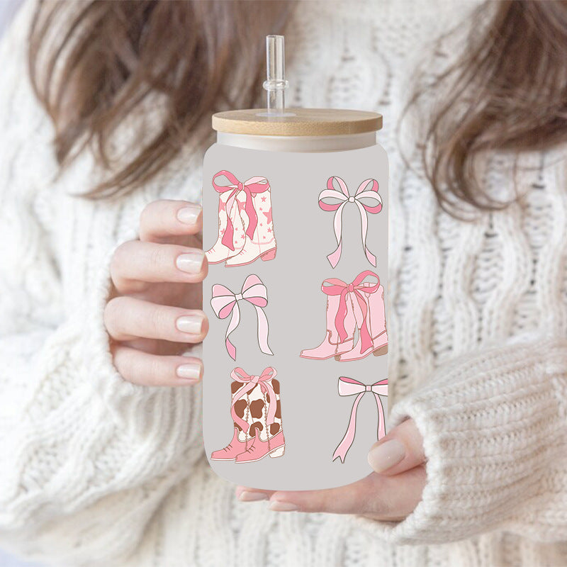 Wholesale  Pink bow boots 16oz Cup UV DTF Wraps