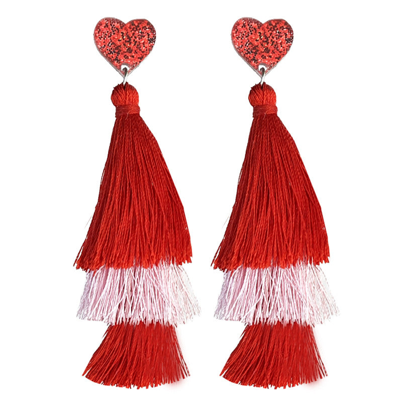 Wholesale   2pairs/pack Valentine' s Day Pink Multi-Layer Shiny Love Tassel  Earrings