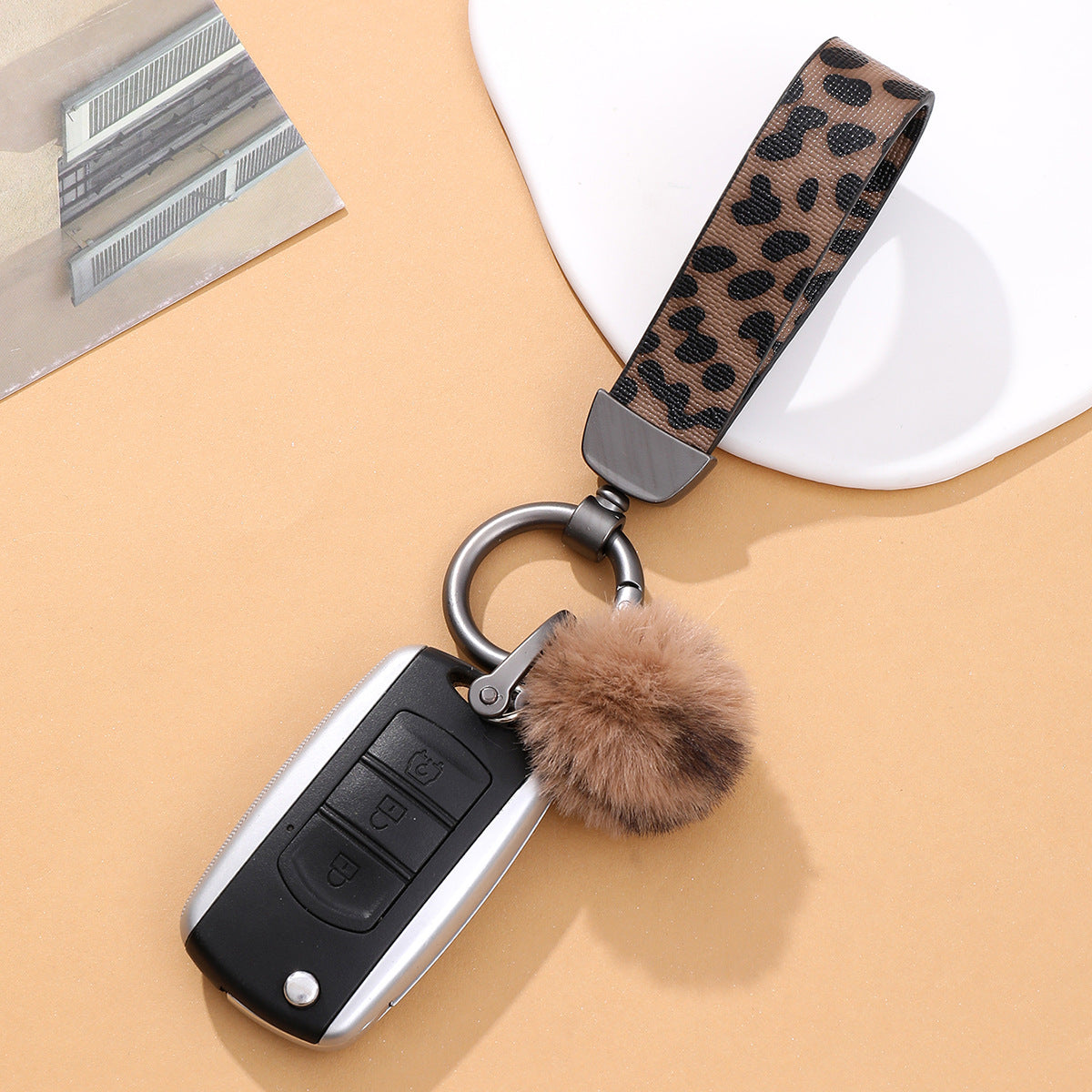 Wholesale Leopard Print Fur Ball Leather Keychain