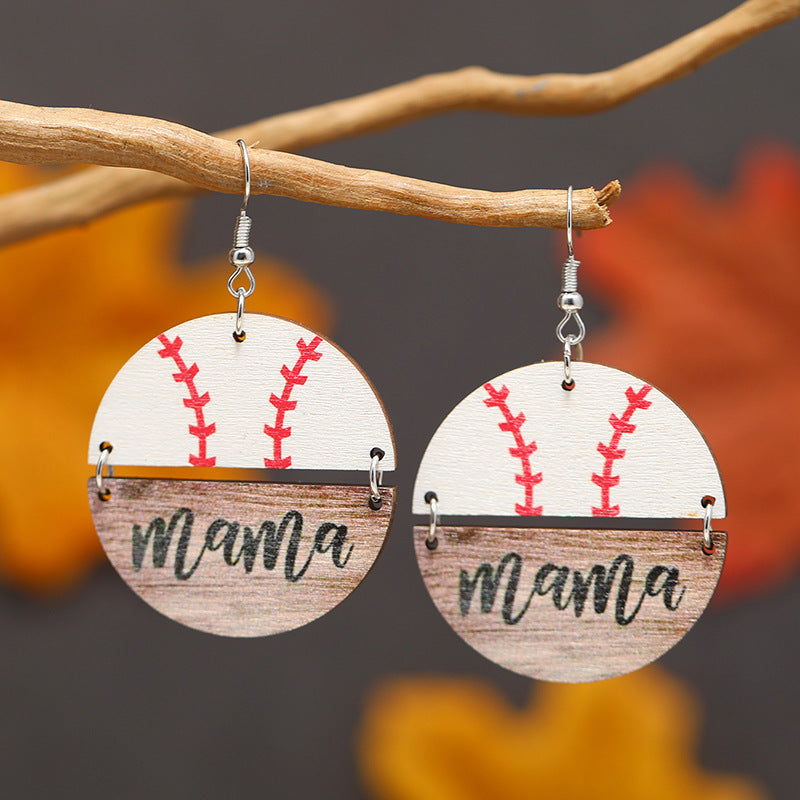 Wholesale Mother' s Day wooden earrings Sports softball basketball wooden round earrings