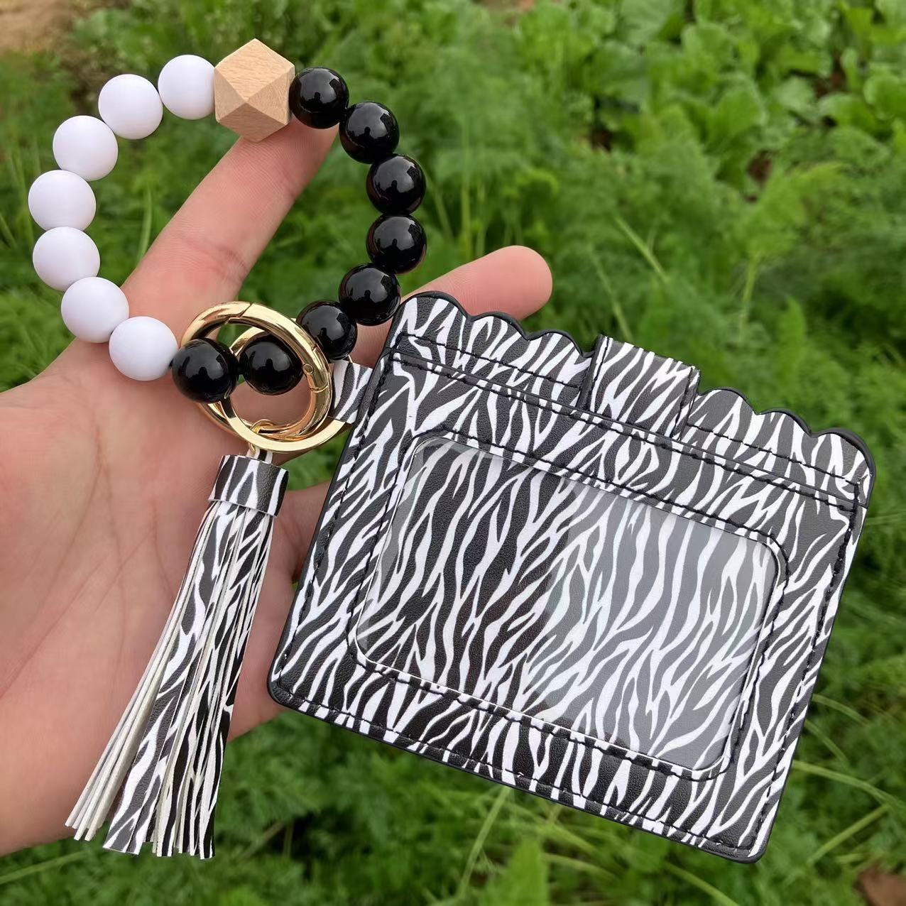 Wholesale Colorful Beads PU Leopard Snake Print Coin Purse Keychain