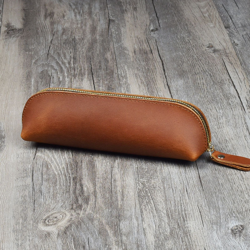 Wholesale Vintage Minimalist Cowhide Zippered Pencil Case