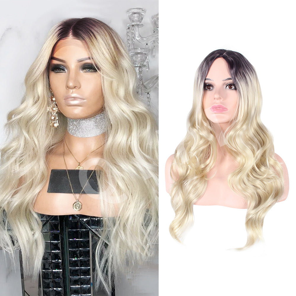 Wholesale Middle-parted gradient yellow long curly hair women's big wave rose net wig