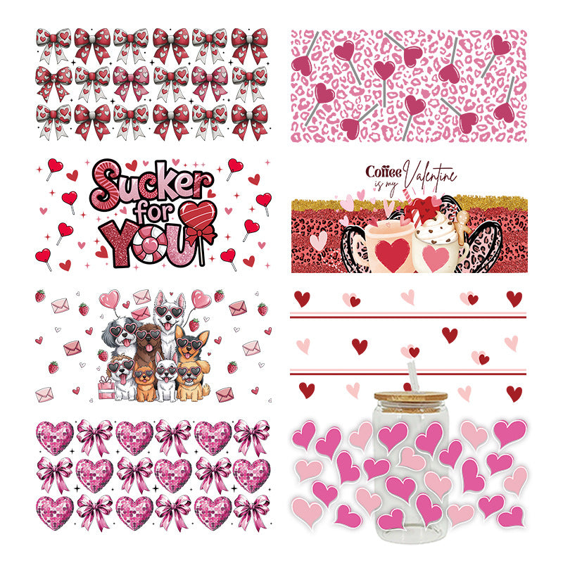 Wholesale Pink Cartoon Heart Valentine' s Day 16oz Cup UV DTF Wraps