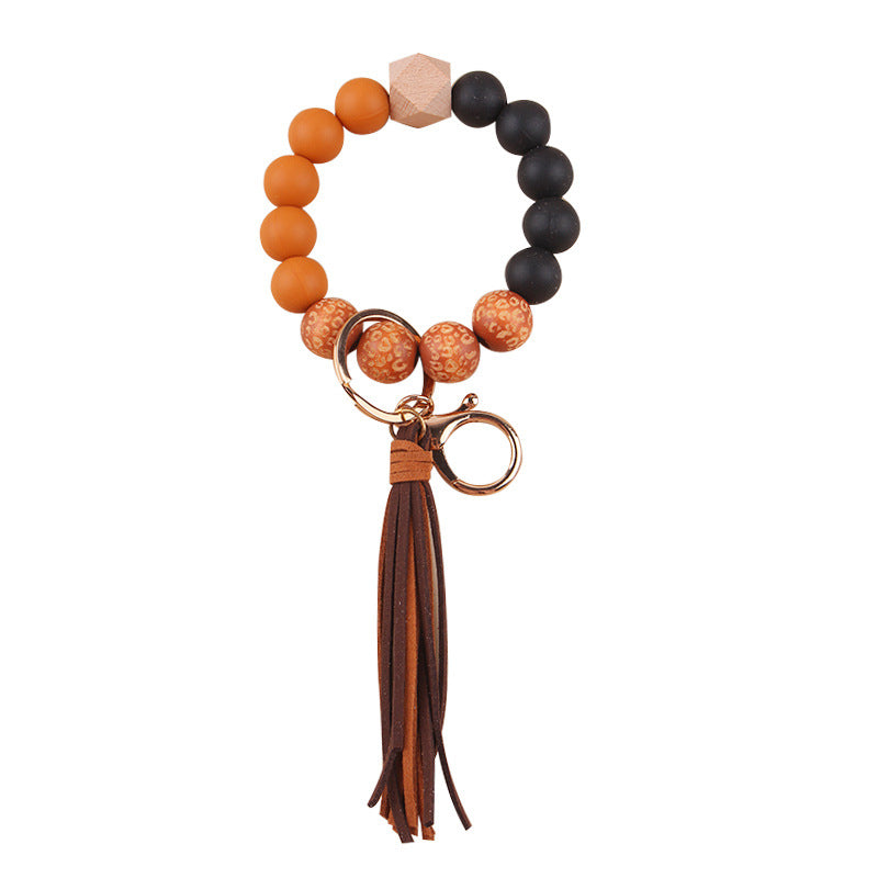 Wholesale European Style Silicone Wood Bead Keychain With Leather Tassel DIY Bracelet Making Kit Fashion Gift For Wedding Party Resale Accessory