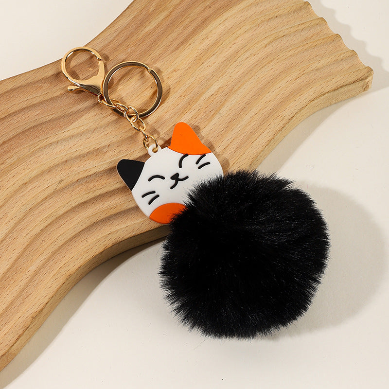 Wholesale Cartoon Three Flower Cat Pom Pom Keychain