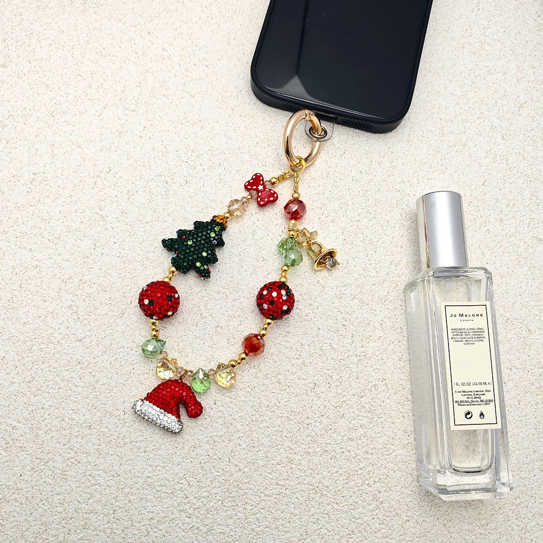 Wholesale Christmas Rhinestone Acrylic Phone Chain Charm Santa Hat Tree Bell Bow Red Green Beads Bag Keychain Gift Accessory