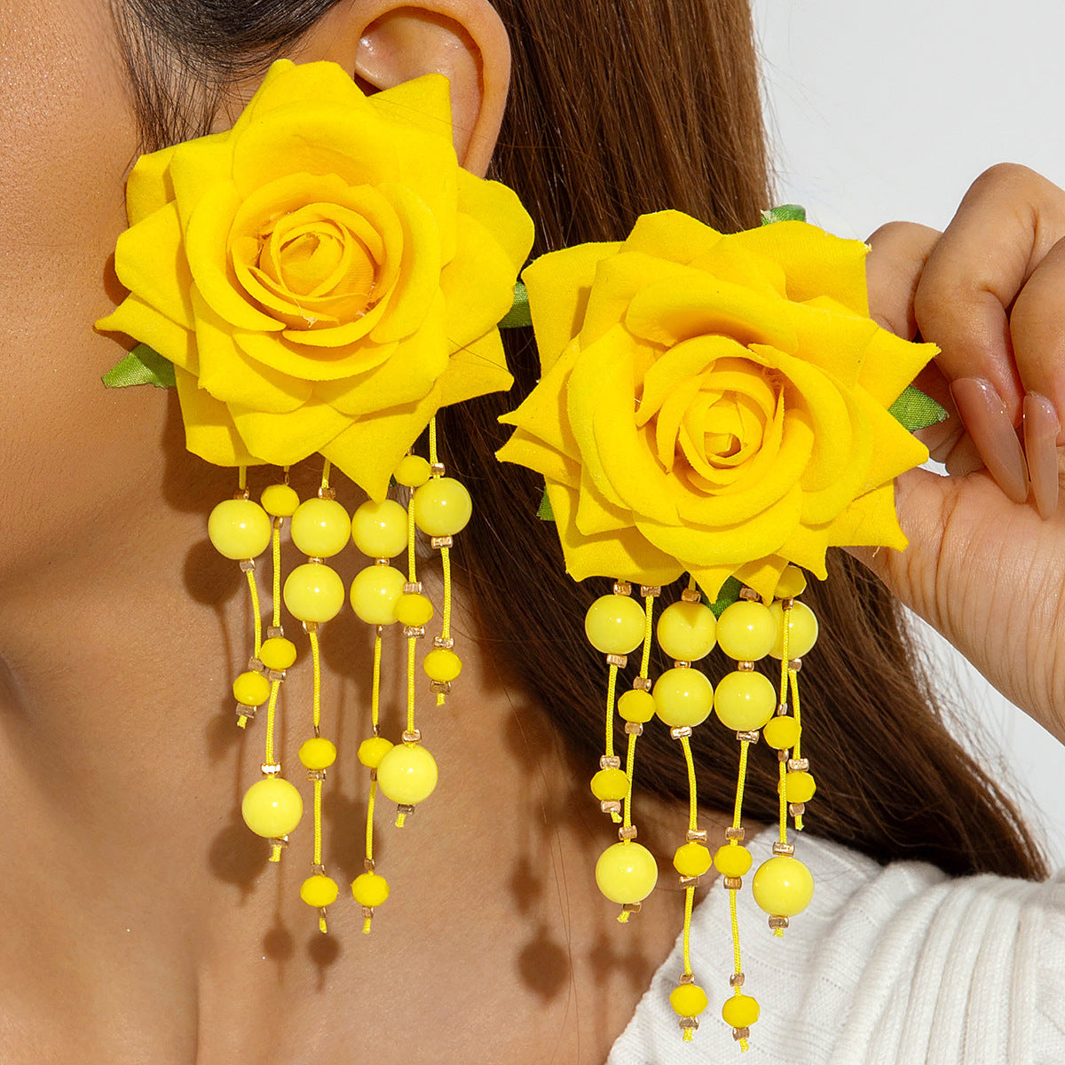 Wholesale Fabric flower tassel beaded earrings