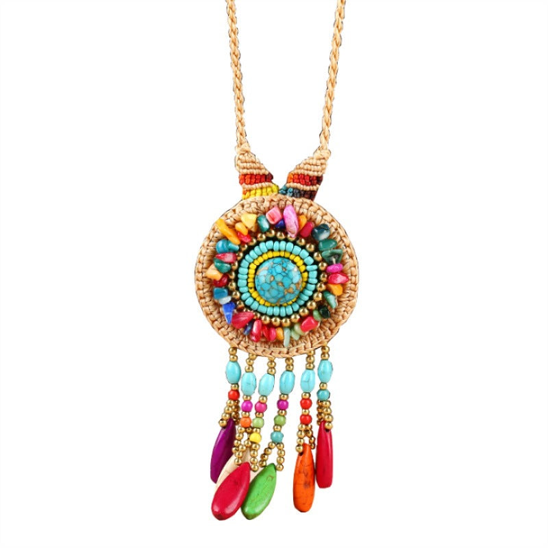 Wholesale Handmade Bohemian Vintage Natural Gravel Tassel Braided Necklace