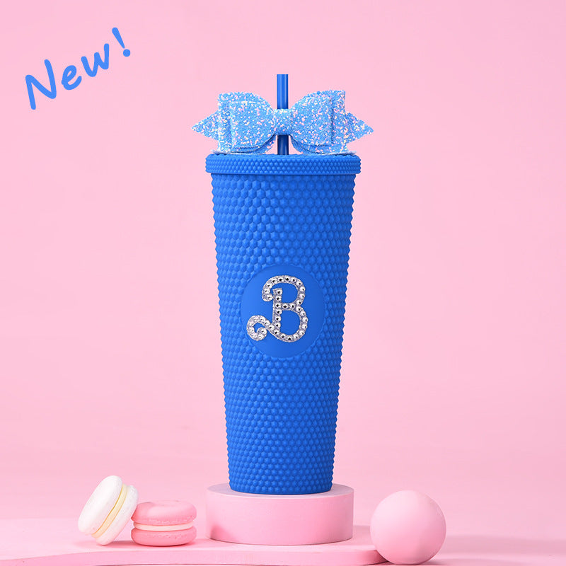 Wholesale Double-layer Plastic 710ml Large Capacity Straw Cup with Glitter Bow Tie Hand Cup Durian Cup