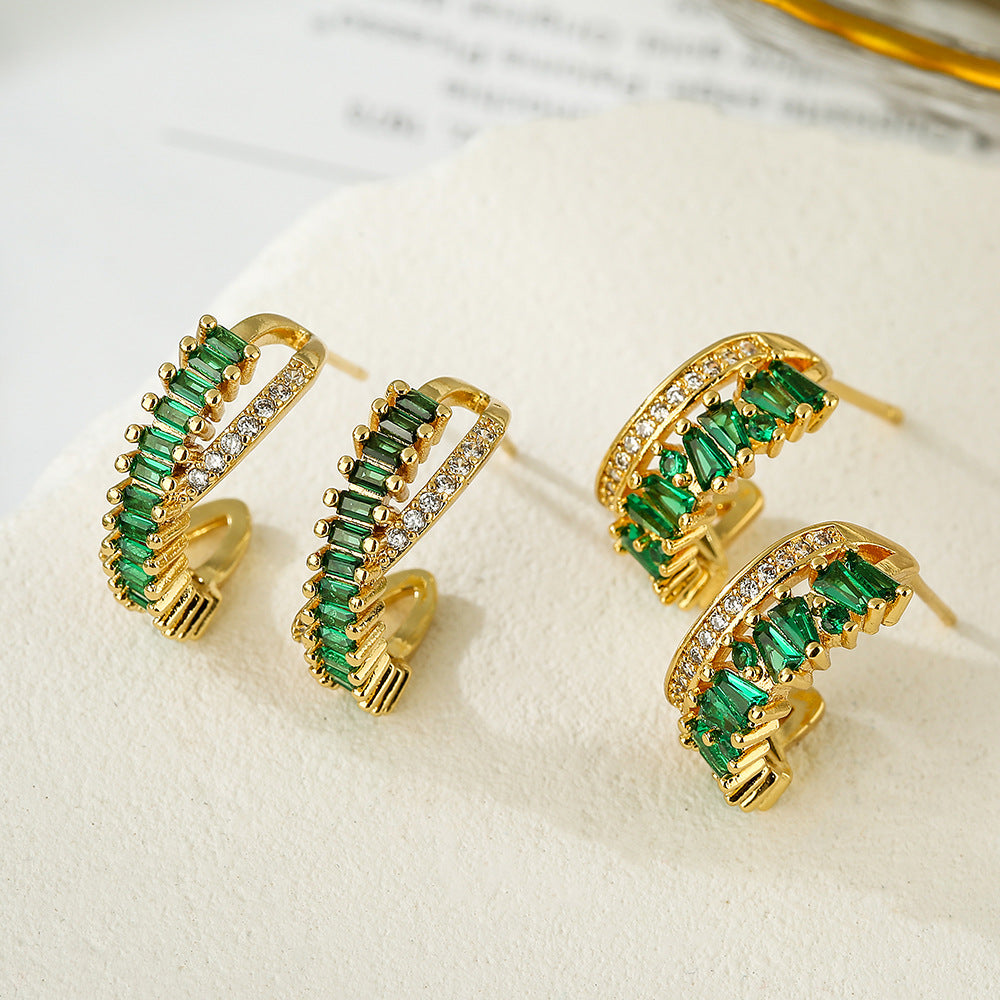 Wholesale Emerald Zircon C Shape Copper Earrings
