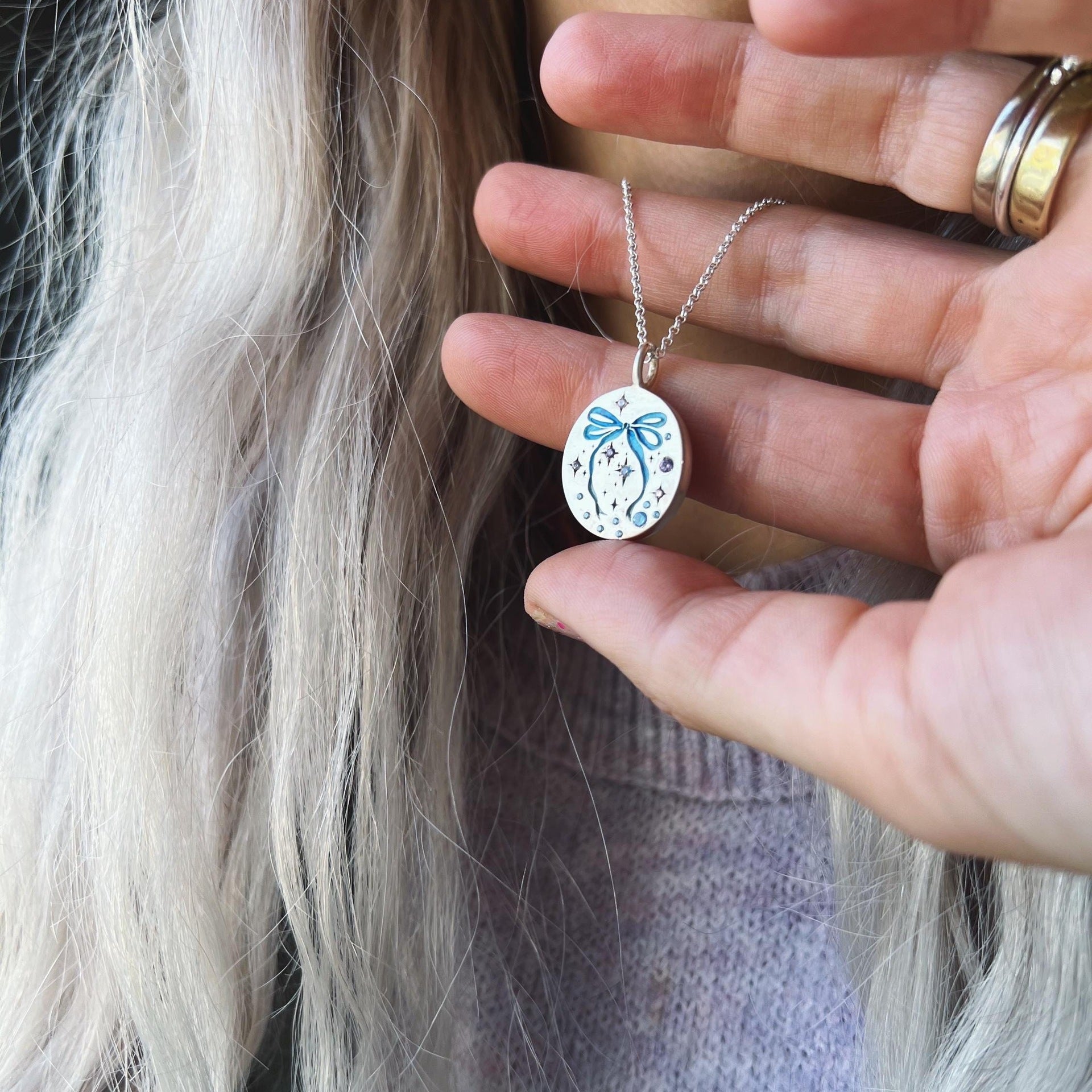 Wholesale Bow painted rabbit pet oval tarot card Titanium Steel Necklace