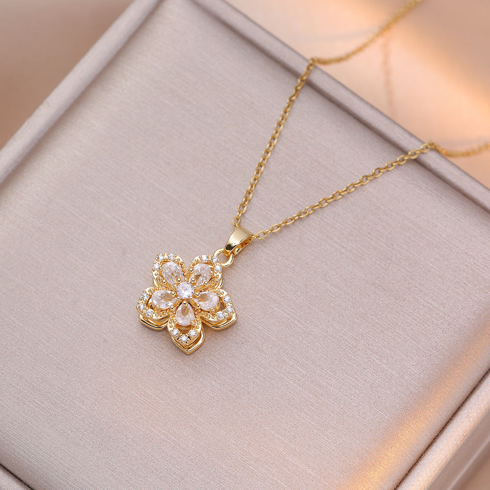 Wholesale Necklace rotating bauhinia zircon flower pendant temperament titanium steel necklace