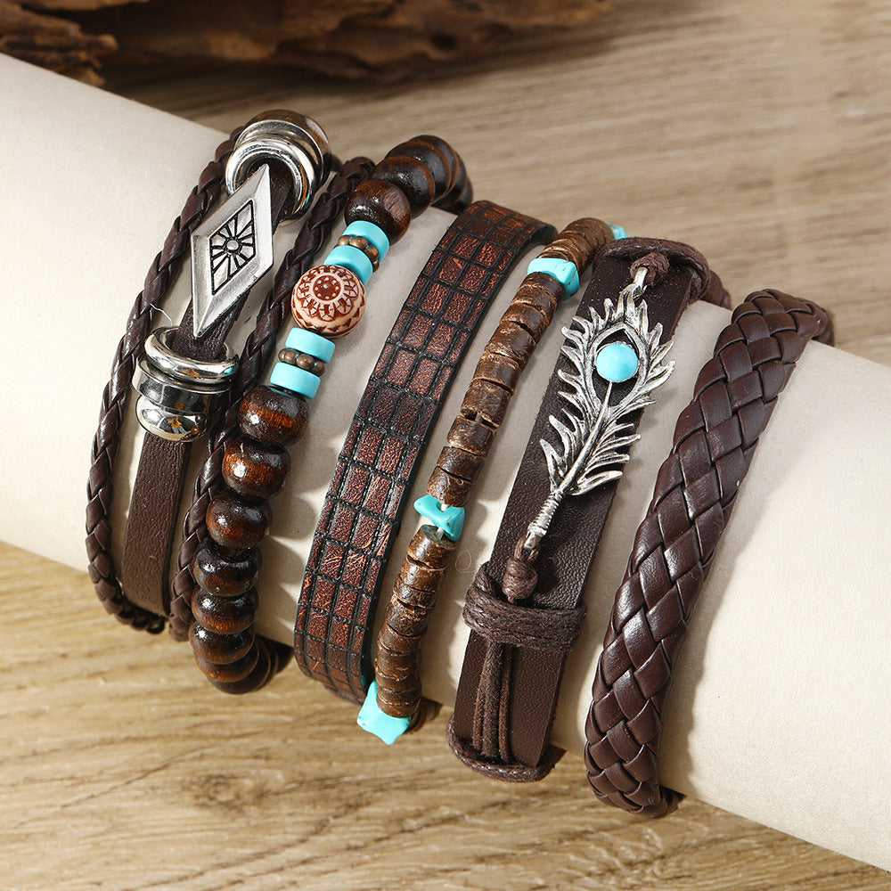 Wholesale Multi-layer nut shell gravel feather turquoise 6-piece bracelet