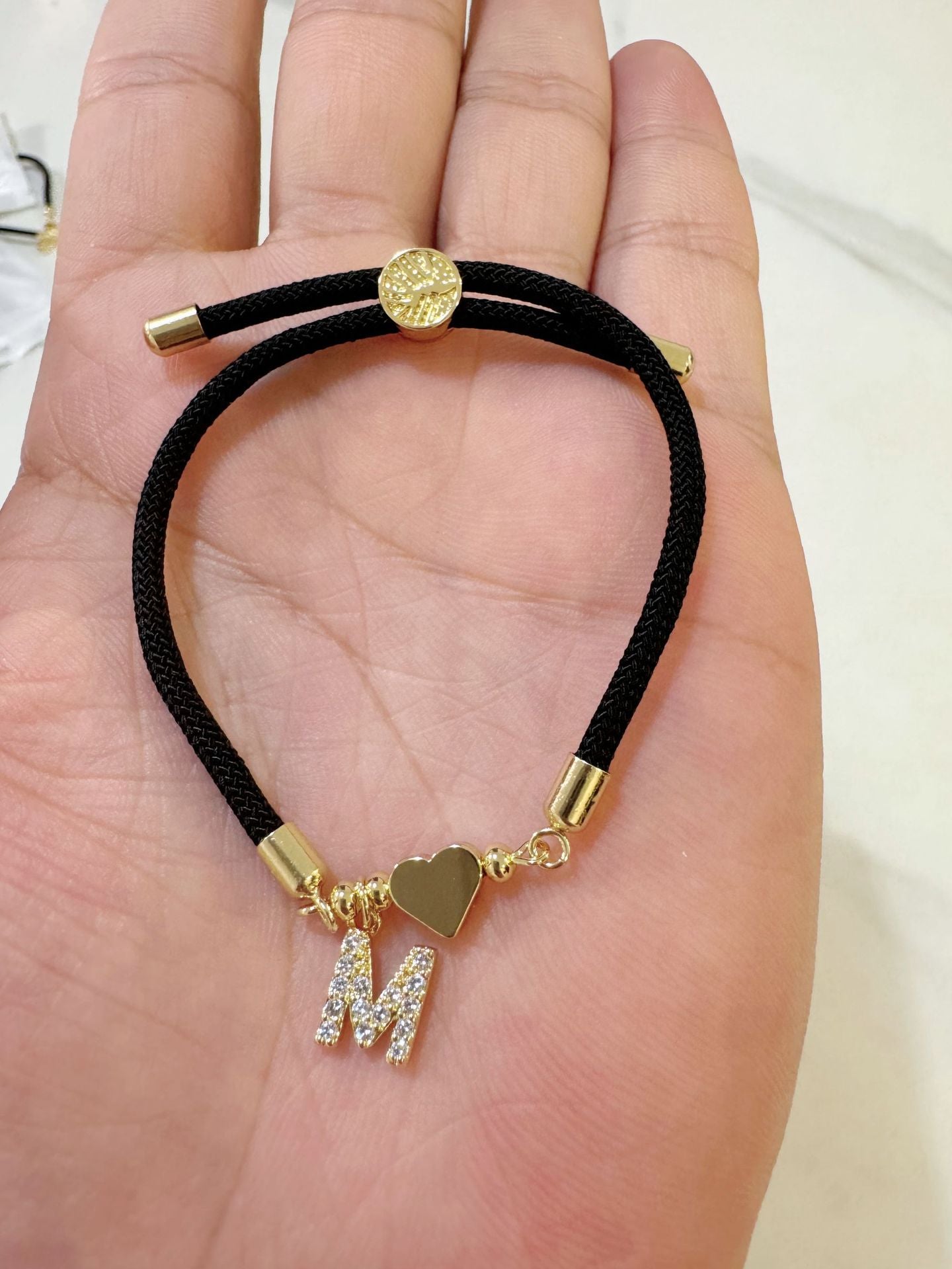 Wholesale A-Z Initial Letter Love Set Zirconia Adjustable Black Rope Bracelet