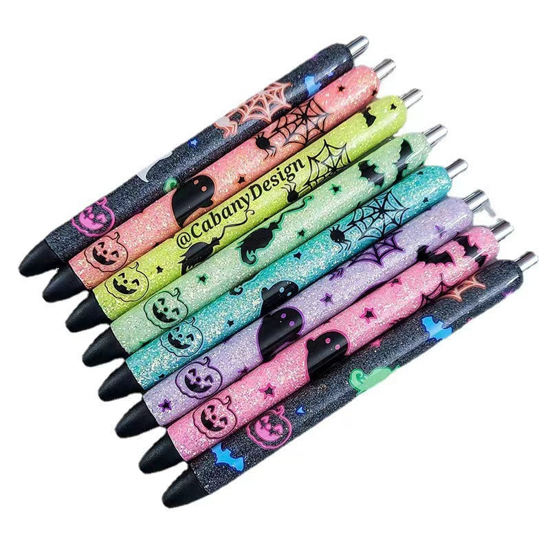 Wholesale 8pcs/PACK pens Halloween Glitter Pastel Flash Pumpkin Spider Pattern Colorful Clickable Ballpoint Pen
