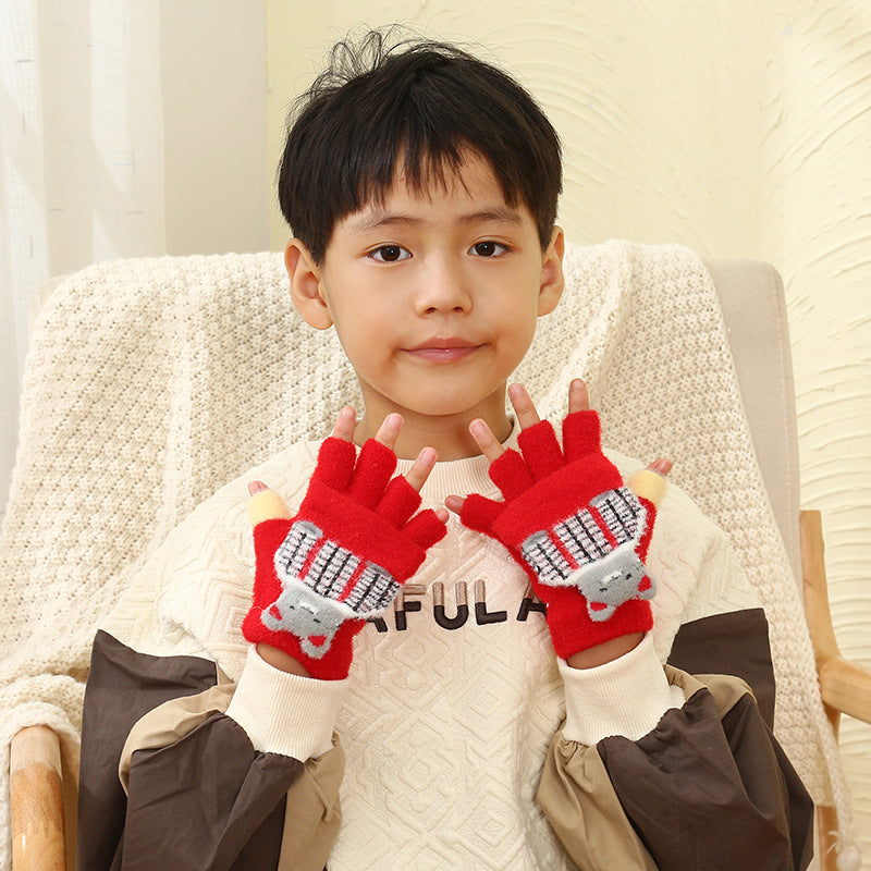 Wholesale Winter Thickened Children's Cartoon Panda Half Finger Flip Gloves