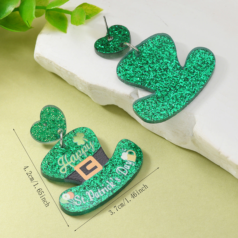 Wholesale St. Patrick's Day Green Hat Lucky Grass Clover Exaggerated Carnival Acrylic Double-Sided Earrings