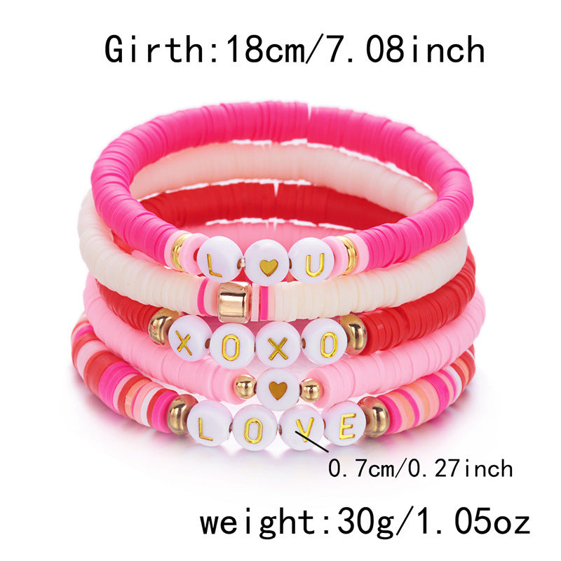 Wholesale Love Soft Ceramic Valentine' s Day Pink Letter  Layered Bracelet Set