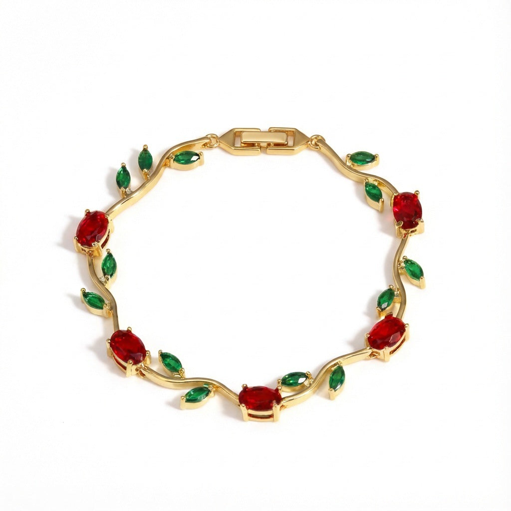 Wholesale Copper inlaid colored zircon flower branch and leaf bracelet