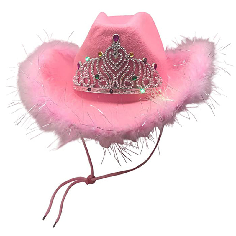 Wholesale Feather-trimmed lettering sequined pink crown cowboy hat