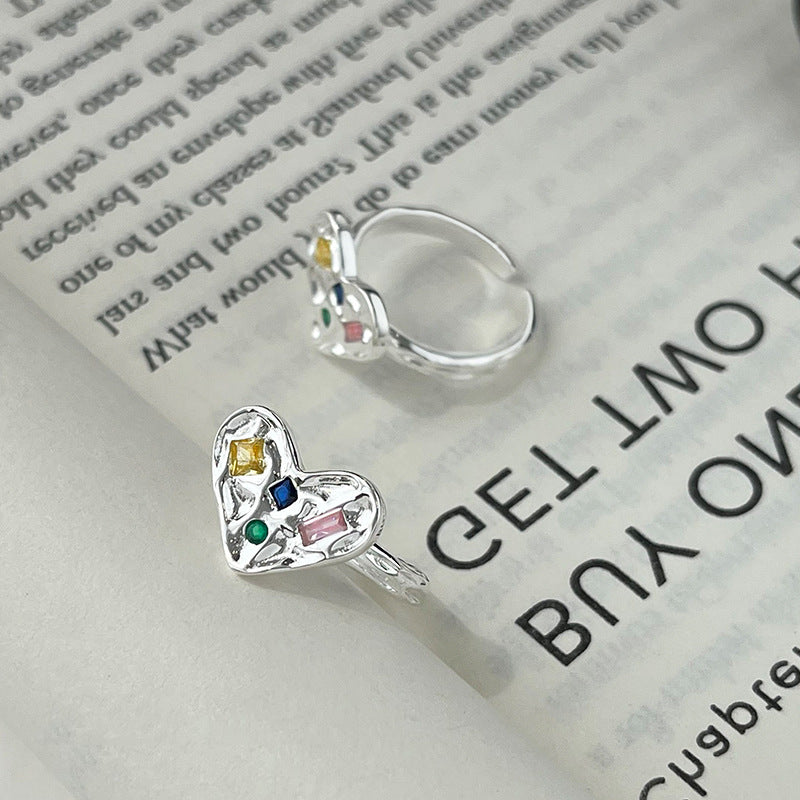 Wholesale Irregular Texture Colored Zircon Heart Copper Rings