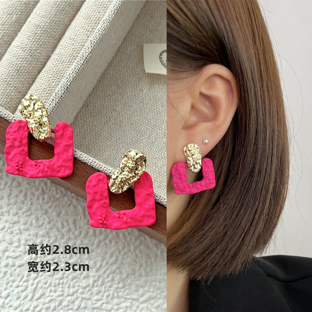 Wholesale Candy Colored Geometric Square Circles C-shaped Rose Red Alloy Earring