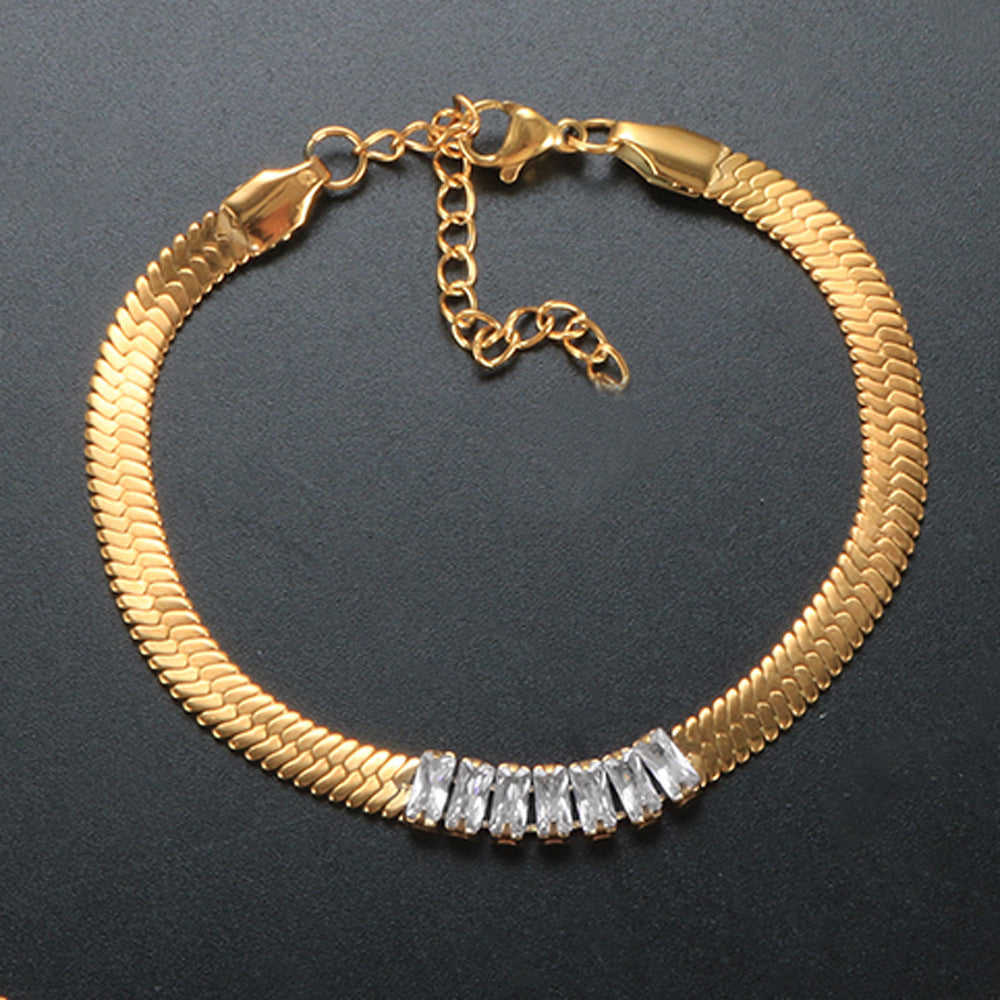 Wholesale 18K Gold Plated Zircon Stainless Steel Snake Bone Chain Necklace Bracelet Jewelry Set