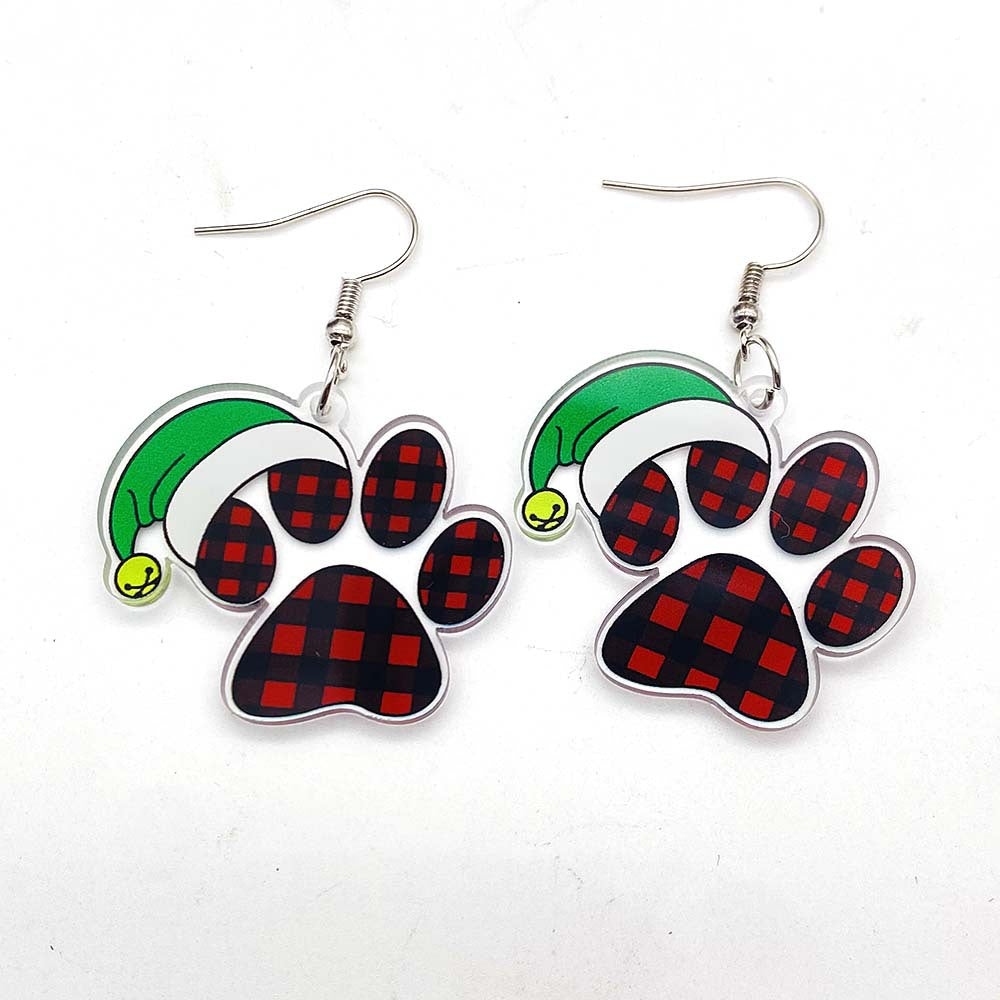 Wholesale Christmas Green Red Plaid Cat's Paw Leopard Print Elk Acrylic Earrings