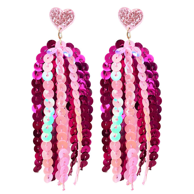 Wholesale 2pcs Valentine's Day Glitter Pink Atmosphere Love Shiny Tassel Temperament Color Matching Fashion Earrings