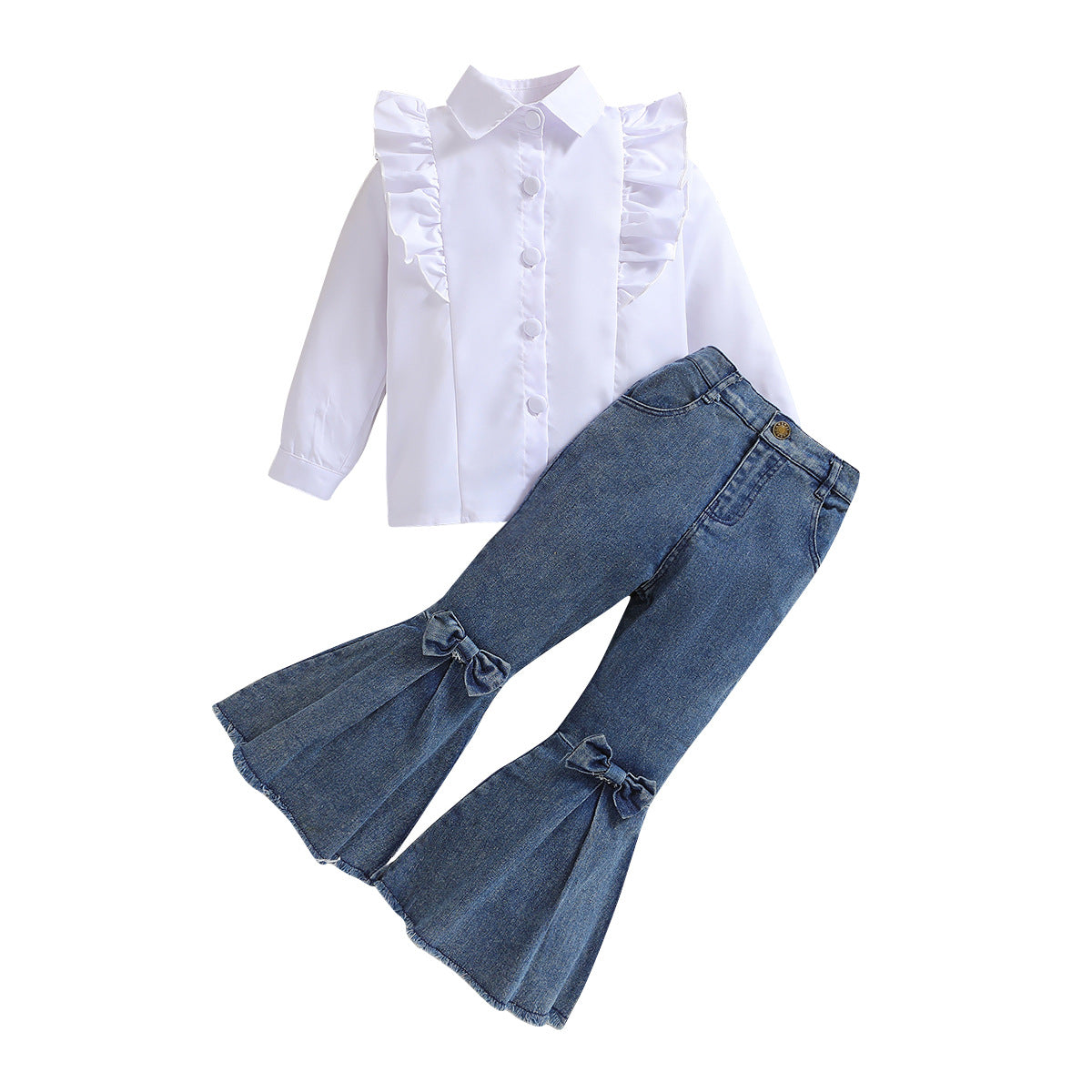 Wholesale Polyester Children's Long Sleeve Shirt Denim Bell Bottoms Two Piece Set