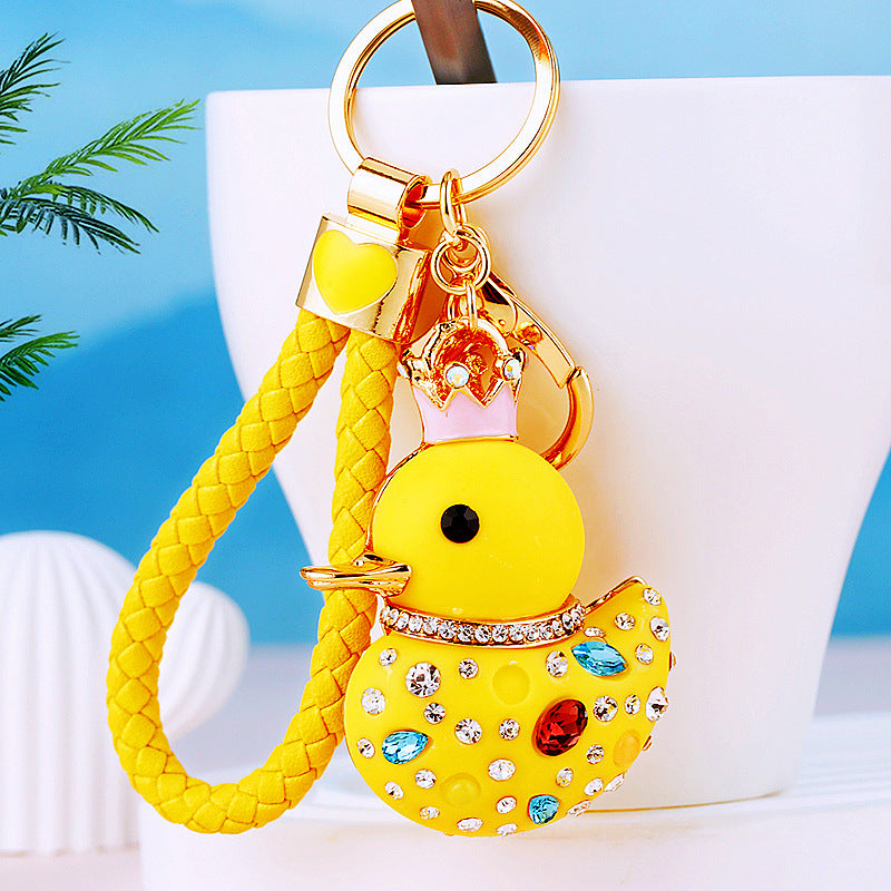 Wholesale Cute Crystal Studded Little Yellow Duck Car Keychain Bag Charm For Women Boutique Resale Decorative Accessory