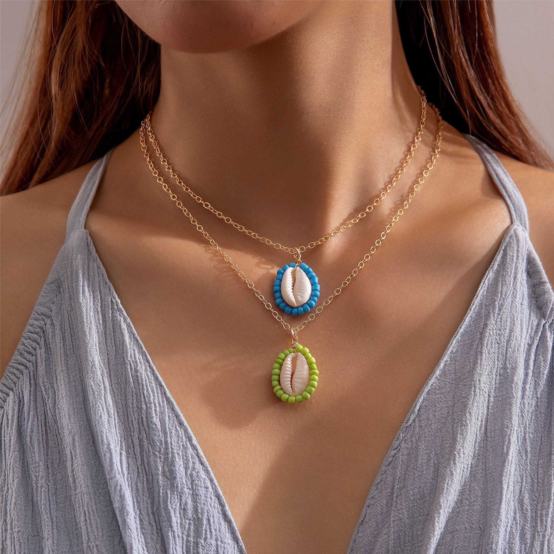 Wholesale Colored Rice Bead Beaded Shell Multi-layer Necklaces