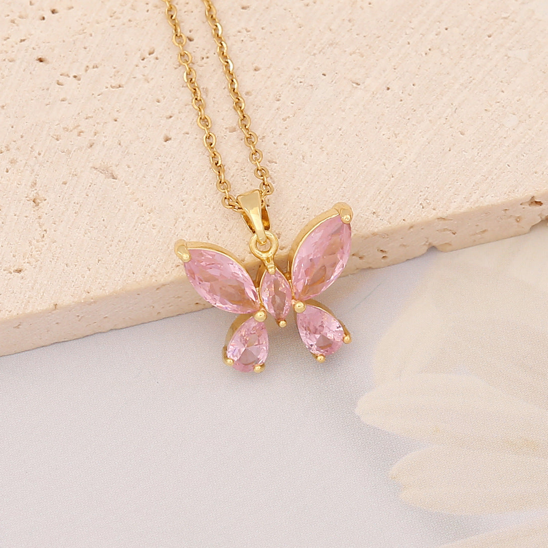 Wholesale Pink Pendant Brass Micro-inlaid Heart Butterfly Stainless Steel Necklaces
