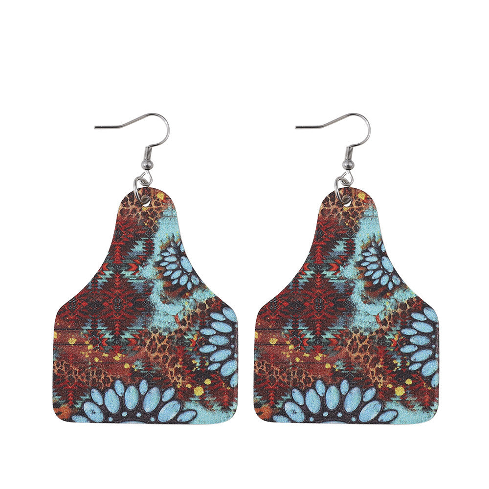 Wholesale Western Cowboy Turquoise Leopard Print  Double-Sided Leather Earrings