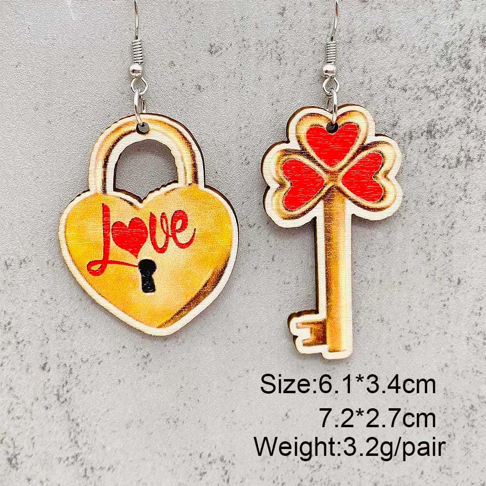 Wholesale Valentine's Day Love Lock Key Wooden Earrings