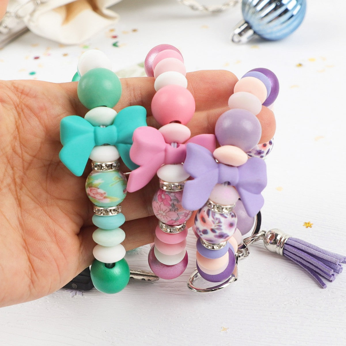 Wholesale silicone bead Wrist keychain pendant bag charm bow accessory