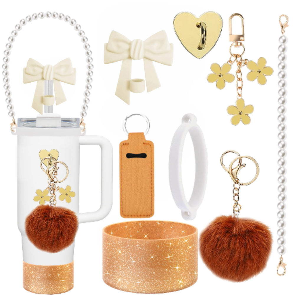 Wholesale mug accessories portable chain bow straw decorative silicone cup set cup chain flower pendant