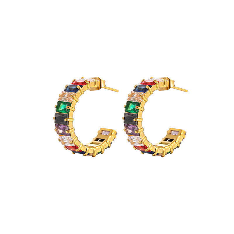 Wholesale Colored Zircon Stainless Steel Gold Plated C Shape Earrings