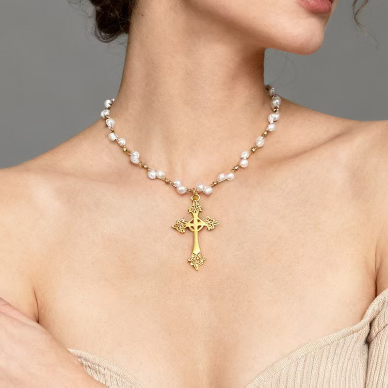 Wholesale Pearl Cross Round Bead tassel Pendant Necklace