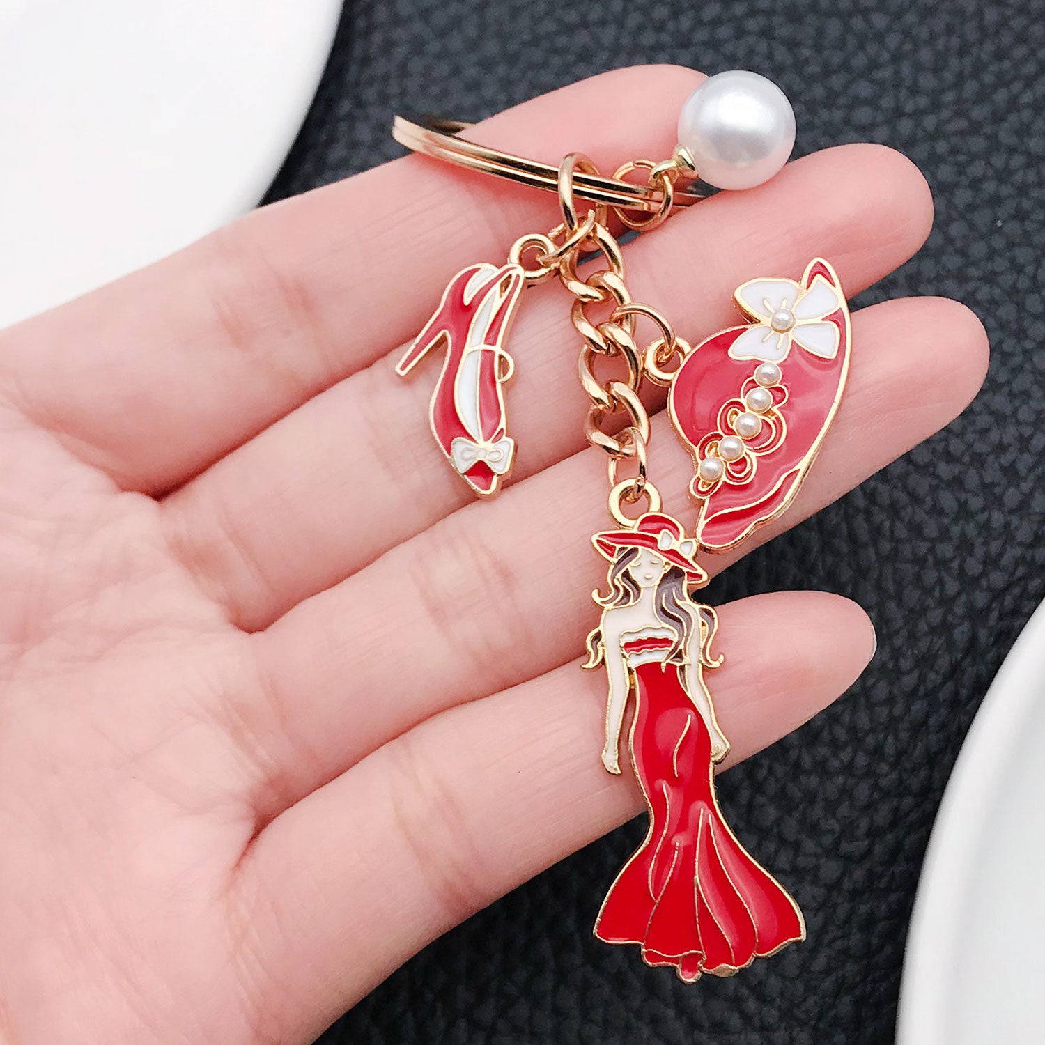 Wholesale Black red and white dress character hat high heels pearl Metal Keychain