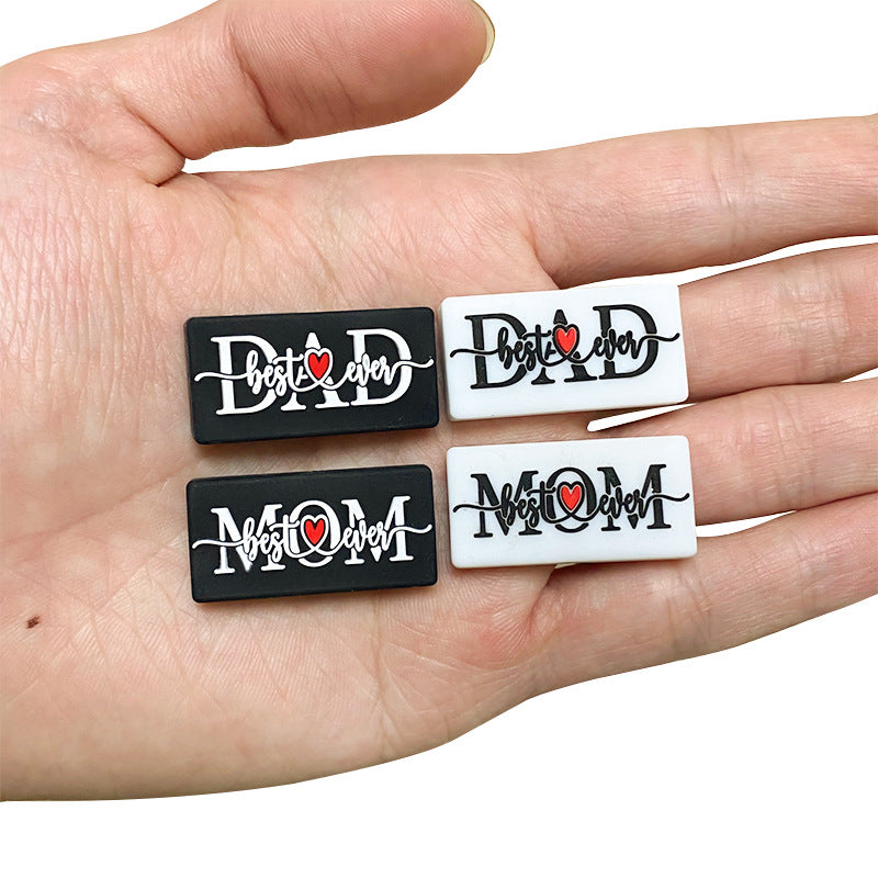 Wholesale 10pcs Cartoon glue love DAD or MOM black and white rectangular silicone beads