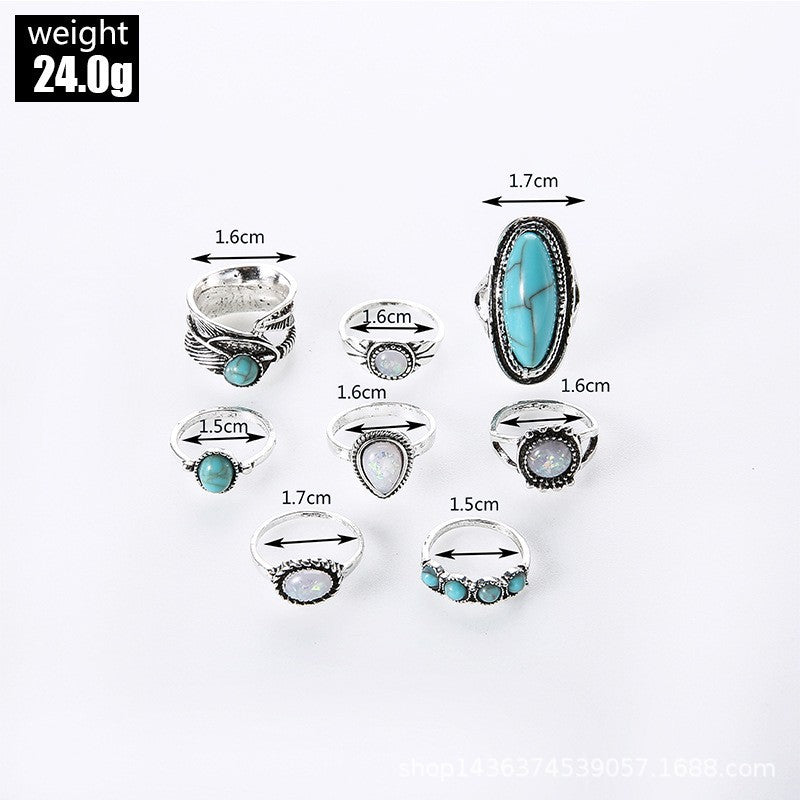 Wholesale Vintage turquoise carved feather ring set 8 pieces