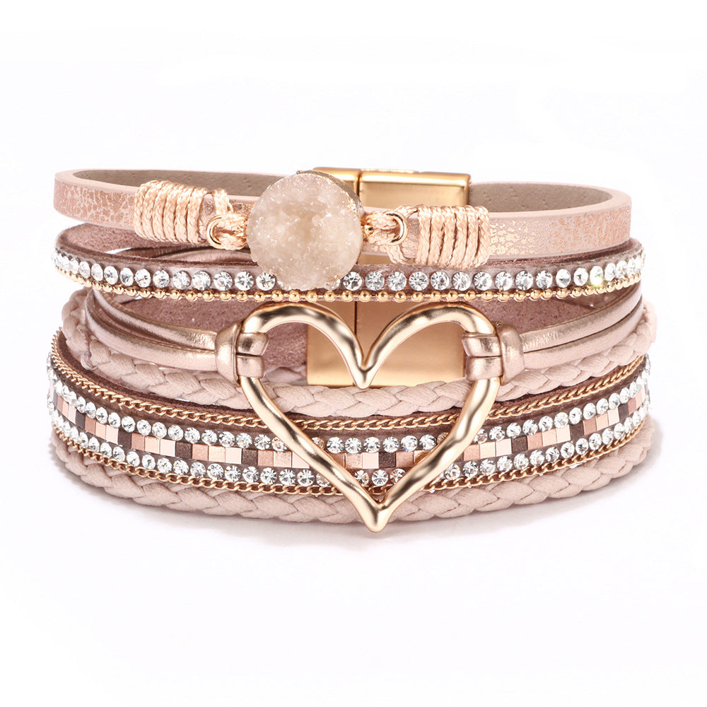 Wholesale Bohemian Heart Rhinestone Magnetic Leather Bracelet